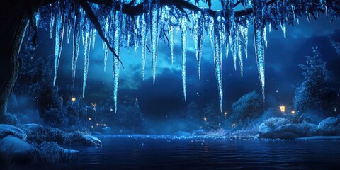 Frozen landscape with delicate icicles hanging from branches, creating a serene winter scene filled with cool colors and natural beauty