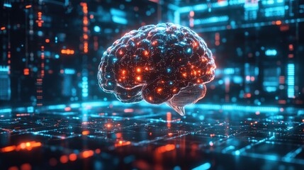 Digital brain hologram HUD showcasing artificial intelligence machine learning and business technology in an internet network concept 3D illustration