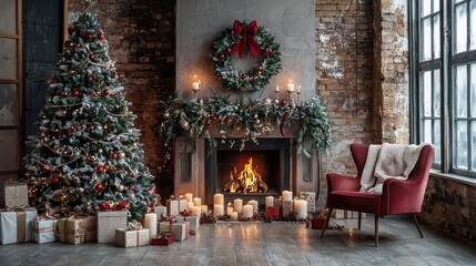 Obraz premium Christmas Interior with a Decorated Tree by a Fireplace, Featuring Wreaths, Candles, and Garland