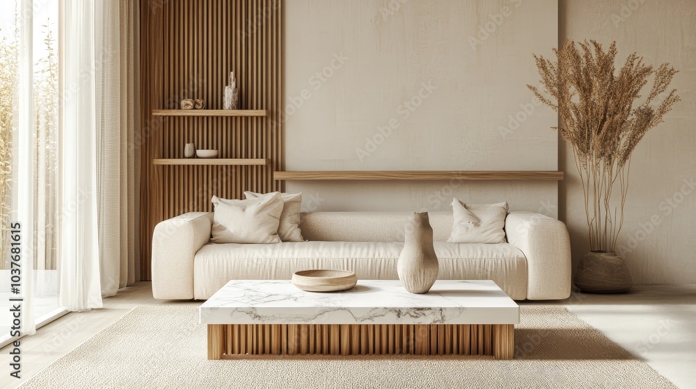 Aufkleber 3d rendering of a modern living room interior featuring a white and wooden color scheme a sofa shelf