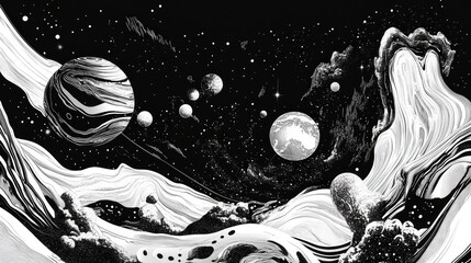 Brush illustrating a universe in a 3D cartoon rendering A black and white surreal graphic symbolizing space dreams imagination and creative ideas
