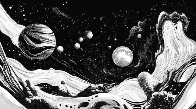 Brush illustrating a universe in a 3D cartoon rendering A black and white surreal graphic symbolizing space dreams imagination and creative ideas