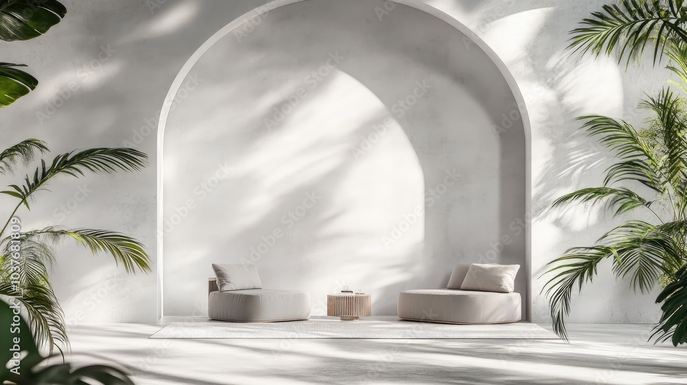 Poster luxury summer architectural interior with an abstract white studio backdrop featuring natural leaf s