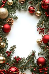 Classic Christmas Border Featuring Red and Gold Baubles on Fir Branches with Space for Greeting Text