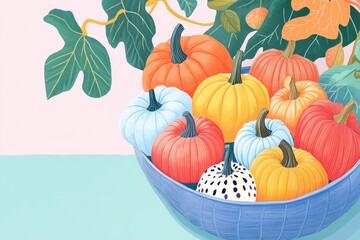 Illustration of a variety of pumpkins in a basket Autumn harvest theme with colorful pumpkin designs Flat lay composition for coloring