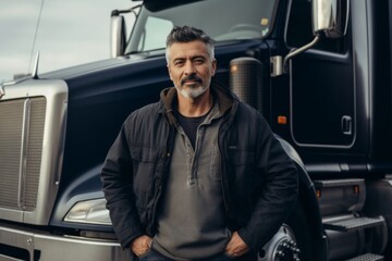 Naklejka premium Portrait of a Hispanic truck driver infront of a truck in USA