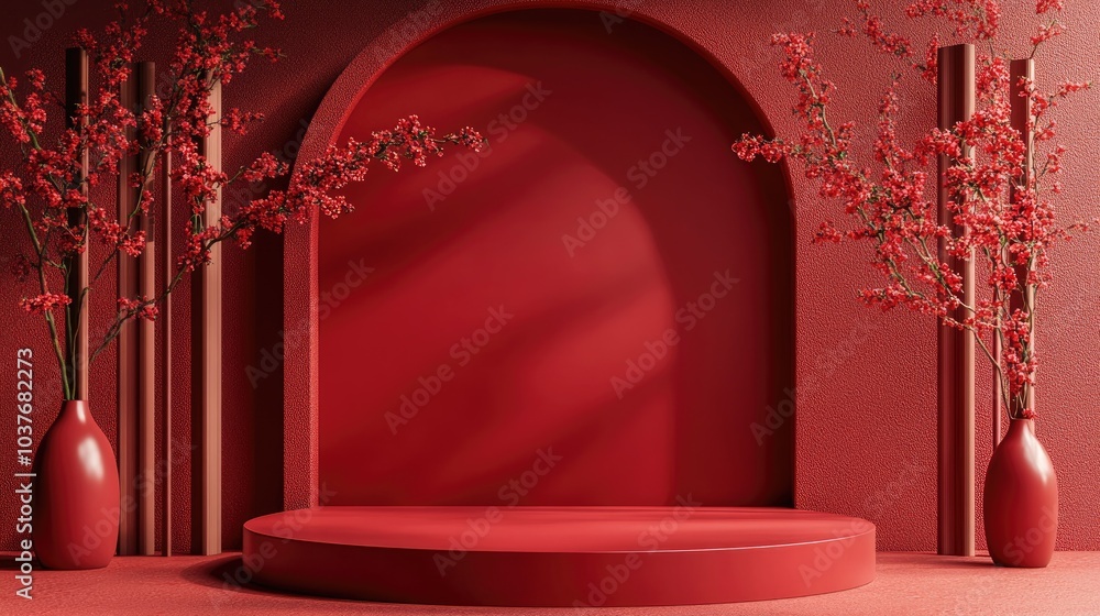 Poster abstract podium mock up for product display and award presentation with a red backdrop 3d rendering