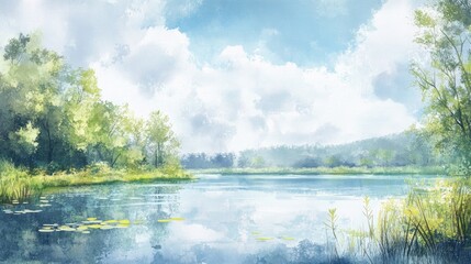 Fototapeta premium Watercolor illustration of a small lake in a natural paradise ideal for travel and outdoor excursions