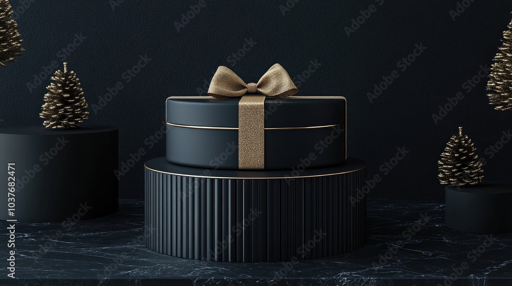 Poster empty black gift box adorned with gold ribbons set against a black background with podiums for produ