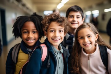 Obraz premium portrait of a diverse kids students in elementary school hallway with lockers