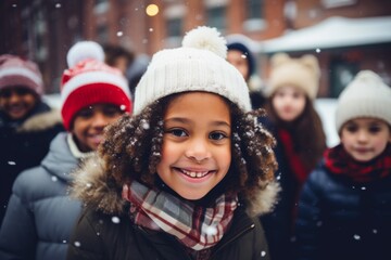 Fototapeta premium Portrait of a diverse kids students infront elementary school while snowing wearing Christmas hats
