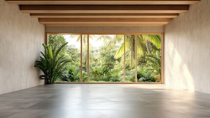 Fototapeta premium 3D rendering of a modern contemporary loft style empty room featuring a tropical garden view with concrete tiled floors walls providing ample copy space and wooden ceilings