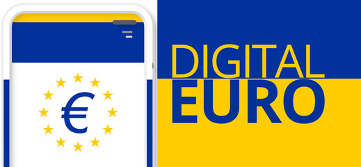 Fototapeta premium smartphone screen and eID as electronic Identification and D€ as Digital Euro, symbol icon word, yellow and blue as the style of the flag of the European Union, EU, Europe