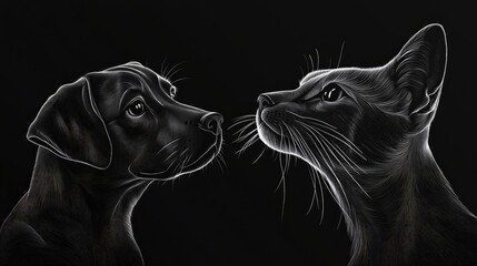 3D line art illustration of a dog and cat