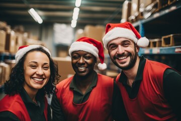 Fototapeta premium Portrait of a diverse warehouse workers in working uniforms smiling with Christmas hats