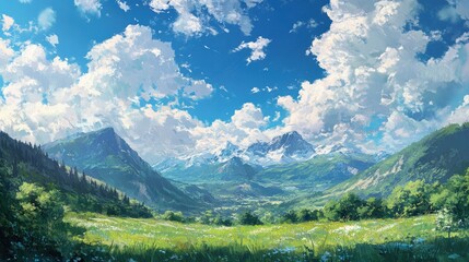 Naklejka premium Oil painting depicting a summer landscape of mountains under a blue sky adorned with clouds showcasing a vibrant natural scene filled with greenery