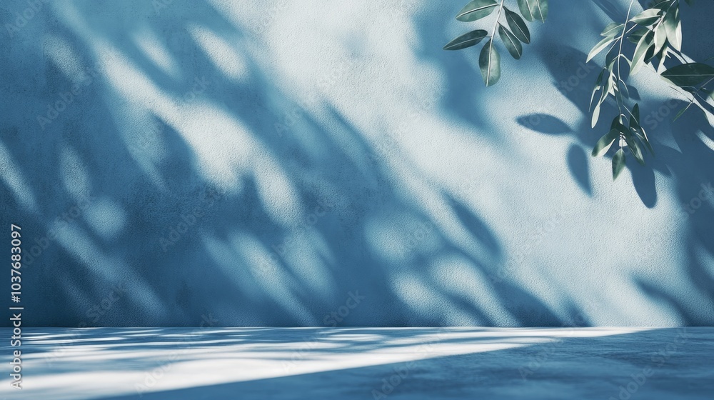 Poster 3d rendering of an empty blue studio room featuring leaf shadows on a concrete wall and floor ideal 