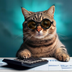 電卓でお金の計算をしてるネコ
