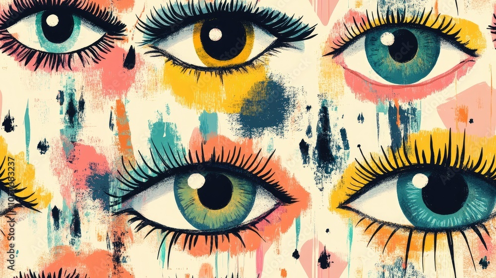 Poster seamless colorful bohemian eyes featuring a simple dual and triple print pattern texture