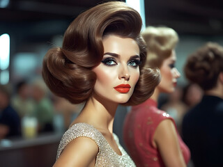 Gorgeous brunette vintage glamour model wearing sparkly and fabulous fashion of the 1960s © Adrianna