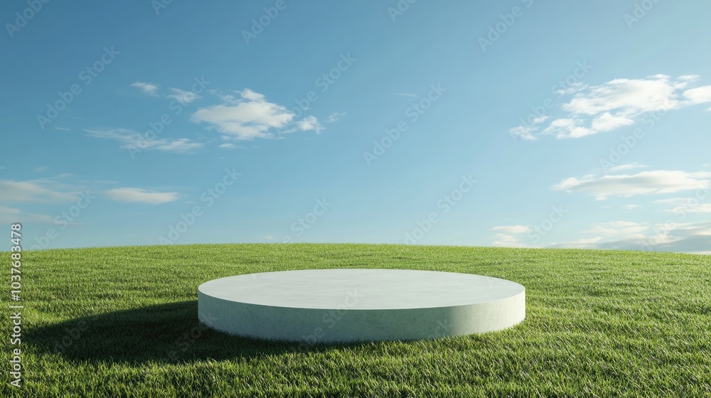 Poster fantasy 3d rendering of a circular podium on a grassy field featuring a round soil mockup in a cross