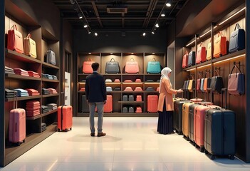 Customers Browsing Luggage in Stylish Store