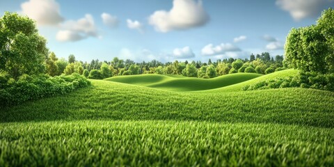 Fototapeta premium Expansive fields in the countryside featuring hills, forests, and meadows, Lush countryside landscape with hills forests and meadows