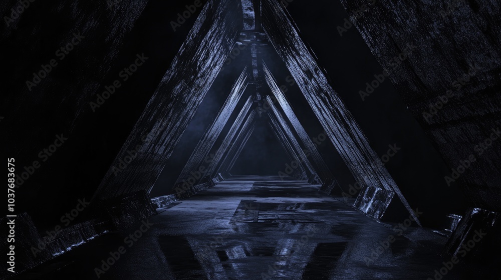 Poster 3d rendering of a dark abstract sci fi tunnel featuring a futuristic triangular spaceship corridor