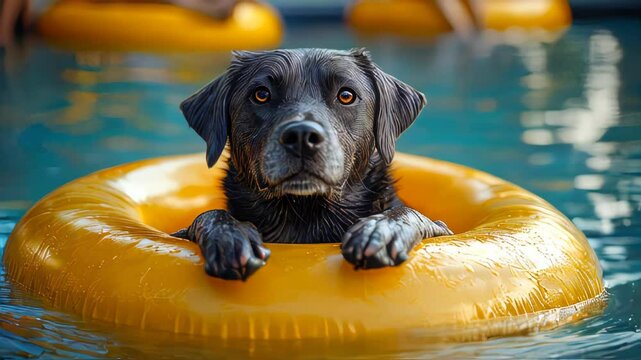 A happy dog floating in a pool, relaxing on a bright yellow inflatable ring