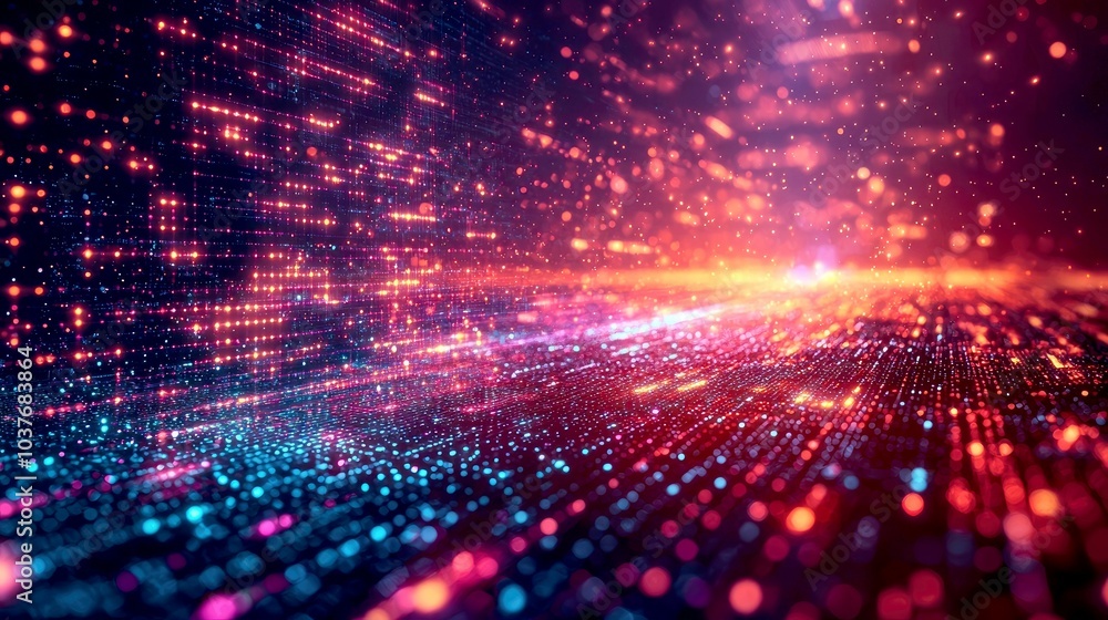 Poster abstract background with glowing particles and lines in red, blue, and orange.