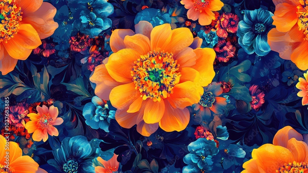 Poster digital floral design pattern with intricate elements and vibrant colors