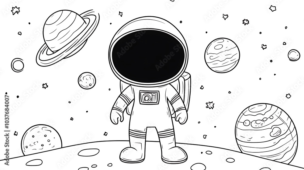 Poster cartoon outline of an astronaut standing on a planet with stars and a rocket in the background. simp