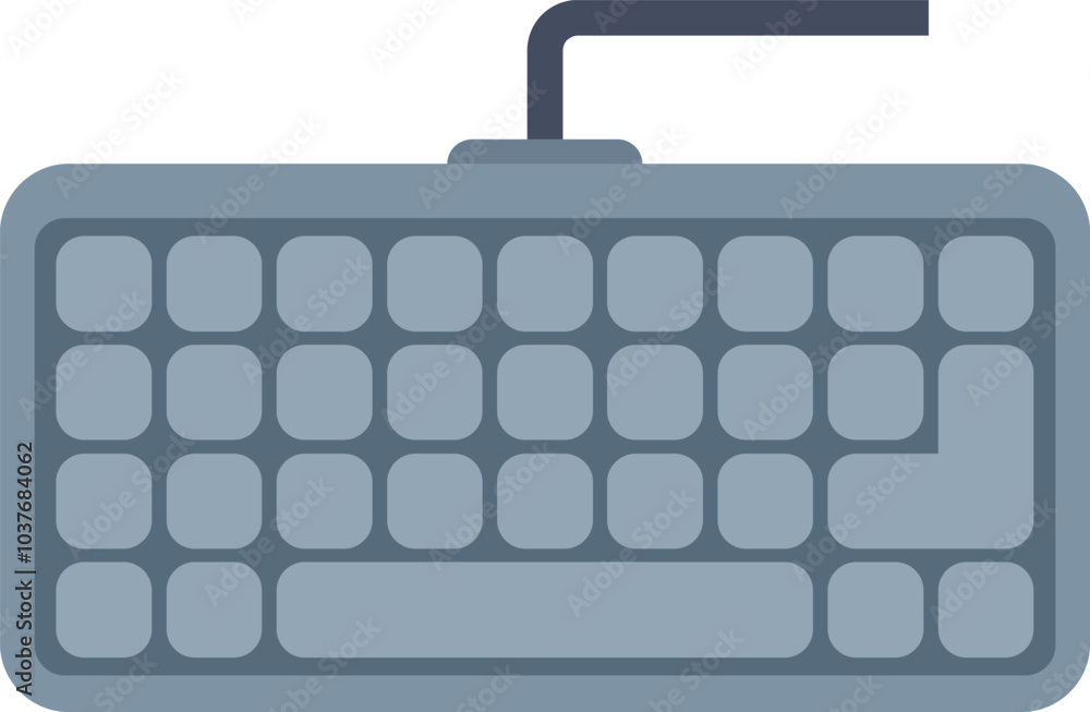 Poster gray computer keyboard with wire coming out the top connecting to a device