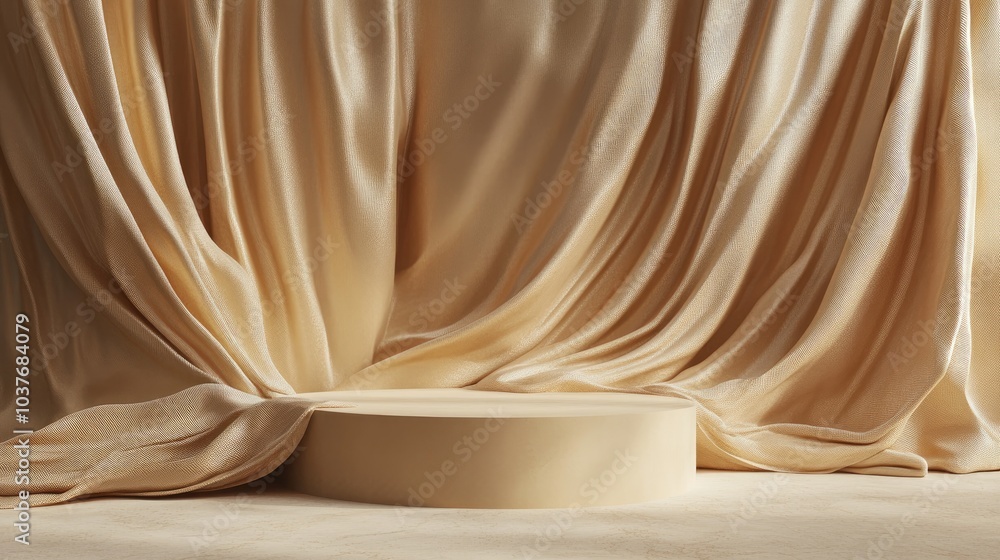 Aufkleber elegant backdrop for branding and product showcase beige podium draped in flowing gold fabric 3d ren