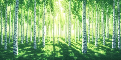Fototapeta premium Birch tree trunks in a lush green forest setting on a sunny summer day, Birch tree trunks in a green forest setting on a sunny day