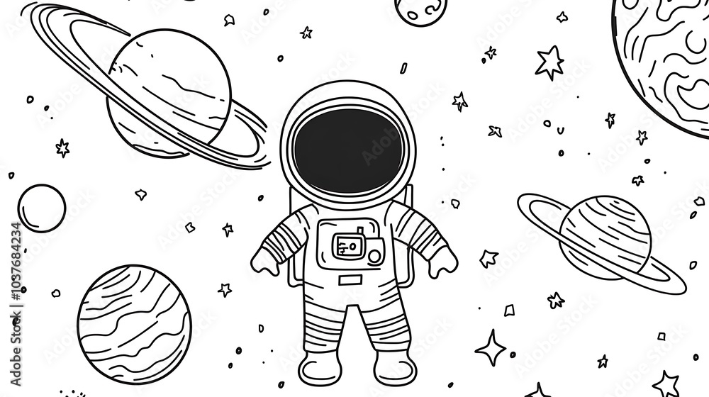 Poster cartoon outline of an astronaut standing on a planet with stars and a rocket in the background. simp