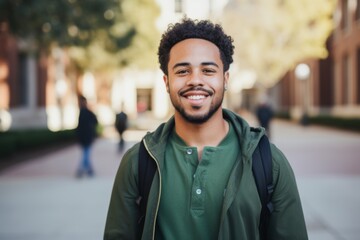 Naklejka premium Portrait of a smiling African American student in front of university in USA