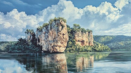 Oil painting depicting a scenic view of a prominent rock formation surrounded by water and lush greenery