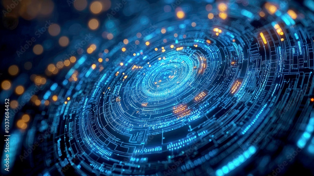 Poster abstract blue and orange glowing circular tech pattern with bokeh effect.