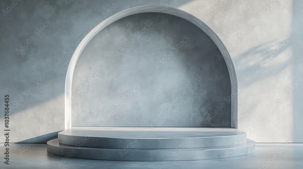 Poster empty stage or podium for product presentation against a light grey blank wall background 3d renderi