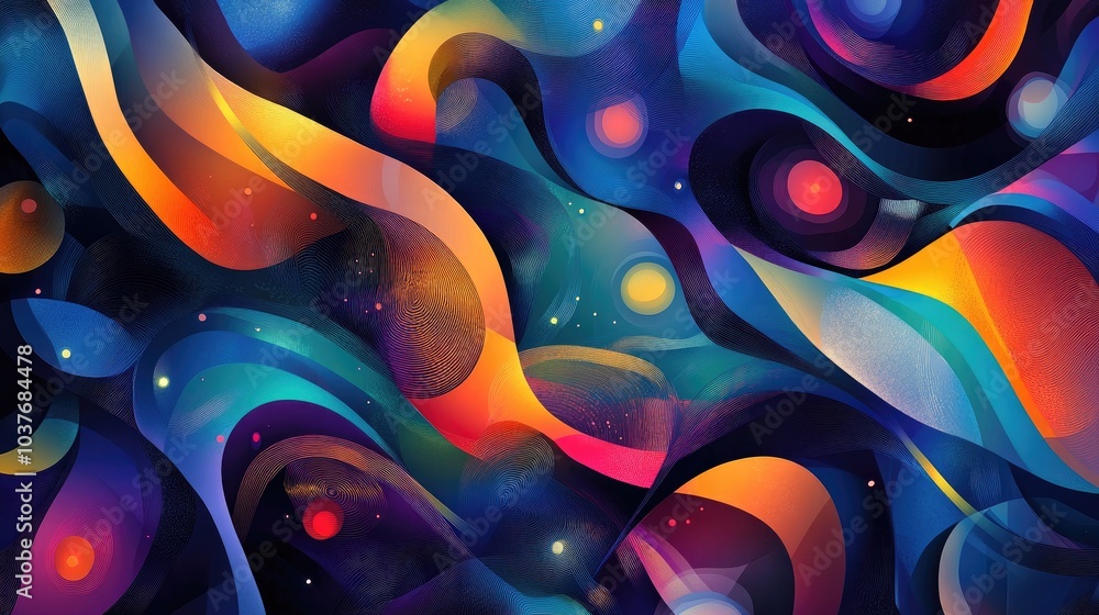 Poster elegant dark blue wallpaper featuring flashes of light and intertwining wavy lines set against a bac