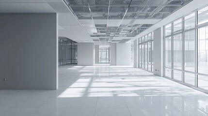 Business Center Interior Under Construction: Unfinished interior of a business center in grey colors, suitable for corporate or construction themes.