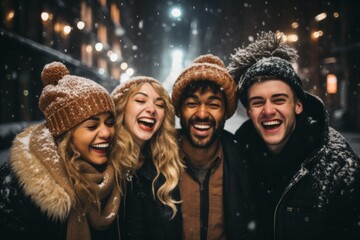 Portrait of a smiling diverse group of friends celebrating new years eve in the city center in USA while snowing