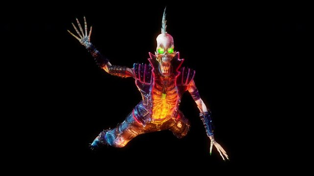 Punk Skeleton VJ Loop &ndash; stylized punk rock skeleton with spiky bones on the head and punkish outfit moving on the beat in seamless loop. Use it in your next VJ thematic sets, metal and gothic festival