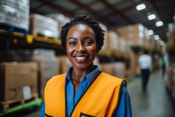 Fototapeta premium Portrait of a joyful middle aged African American female warehouse worker