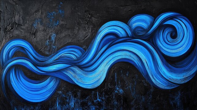 Surreal acrylic artwork featuring flowing blue curves against a textured black backdrop evoking themes of existentialism and meditation within a dreamlike atmosphere