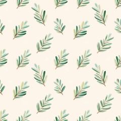 Fototapeta premium A delicate pattern featuring green leaves on a soft beige background, textiles or digital designs, seamless pattern background