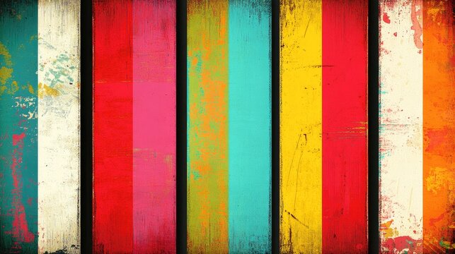 Grunge panel artwork featuring overlapping multi colored stripes displayed in five thin white frames Vector illustration