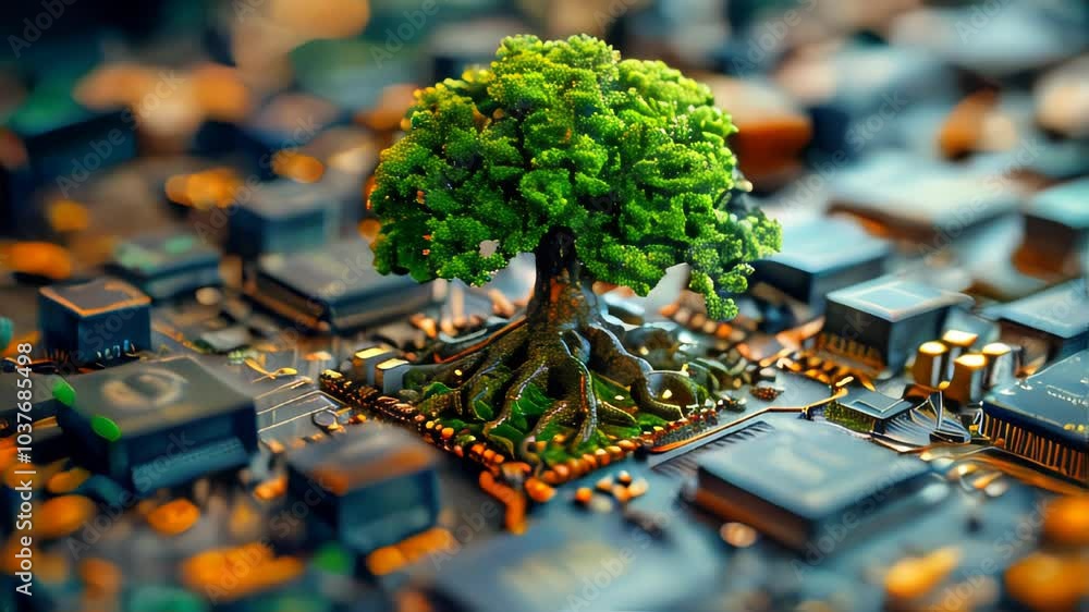Poster green natural eco-friendly tree and computer technology on an abstract high-tech futuristic backgrou