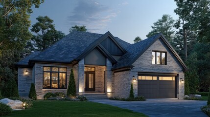 Obraz premium Contemporary upscale home featuring a private garage 3D rendering